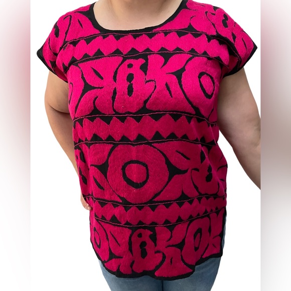 Women's Black/Pink Hand embroidered Viscose Bohemian blouse top summer (L) NWT - Picture 1 of 5